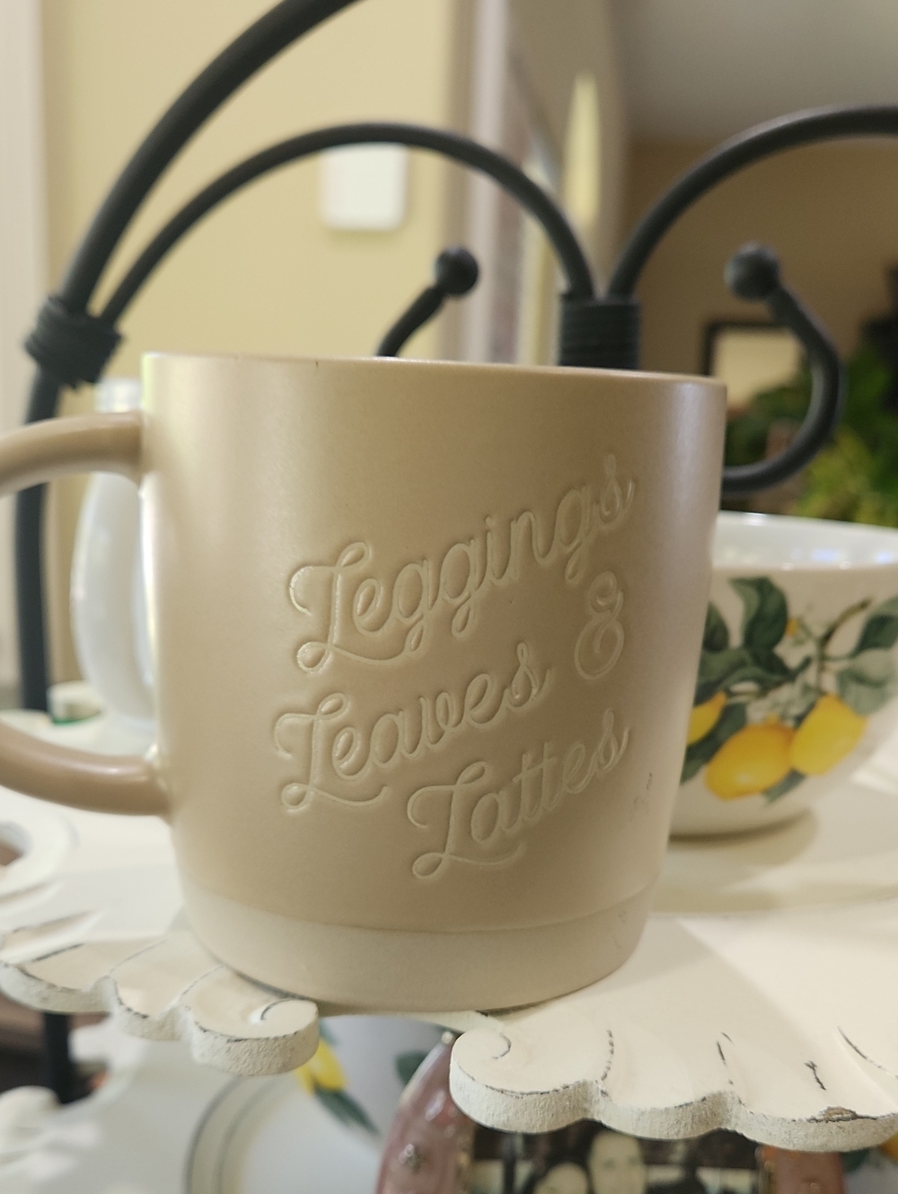 Beige Ceramic Mug with 'Leggings Leaves & Lattes' Embossed Script